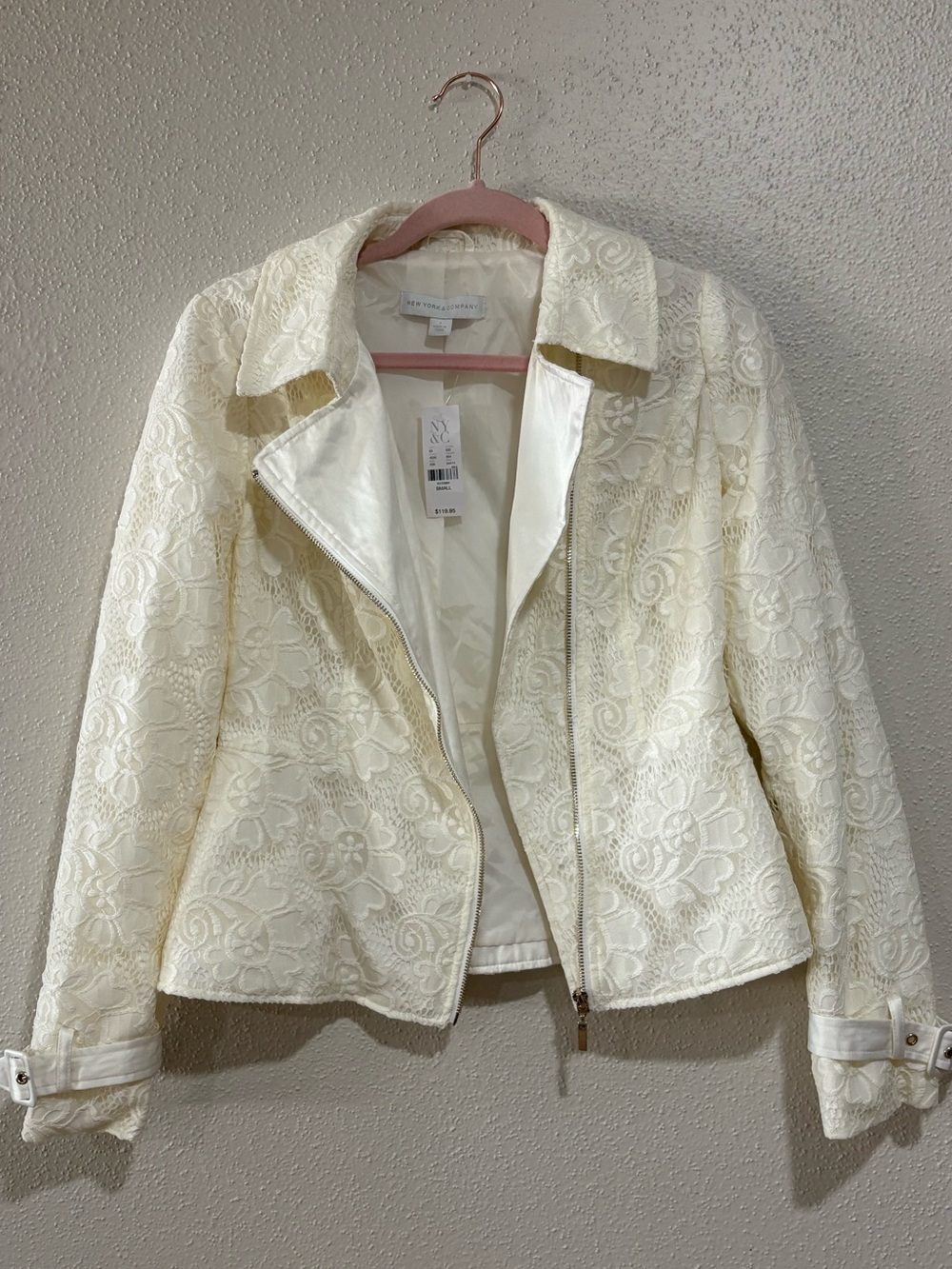 NWT New York & Company Ivory Lace Moto Jacket Small Feminine Chic